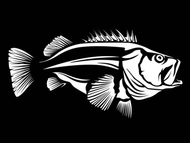 Balık tutma logosunu görmeniz gerekir. Kaya balığı. Bas çubuk Kulübü amblemi ile balık. Balık tutma Tema illüstrasyon. Beyaz izole.