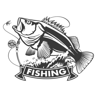 Balık tutma logosunu görmeniz gerekir. Kaya balığı. Bas çubuk Kulübü amblemi ile balık. Balık tutma Tema illüstrasyon. Beyaz izole.