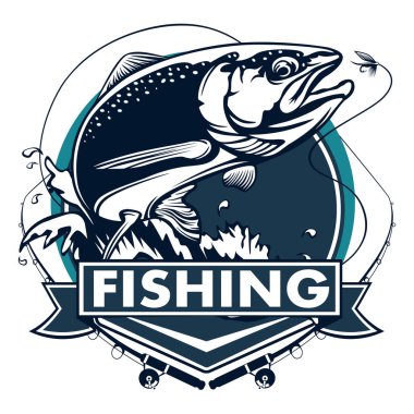 Somon balığı. Vintage somon balıkçılık Amblemler, etiket ve tasarım öğeleri. illüstrasyon.