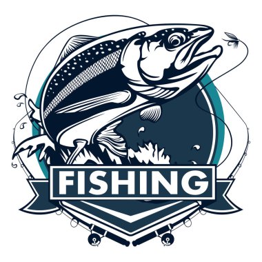 Somon balığı. Vintage somon balıkçılık Amblemler, etiket ve tasarım öğeleri. illüstrasyon.