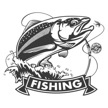 Somon balığı. Vintage somon balıkçılık Amblemler, etiket ve tasarım öğeleri. illüstrasyon.