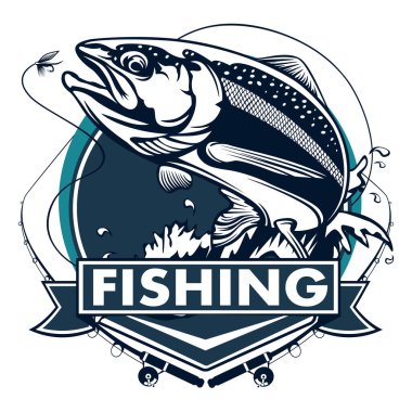 Somon balığı. Vintage somon balıkçılık Amblemler, etiket ve tasarım öğeleri. illüstrasyon.