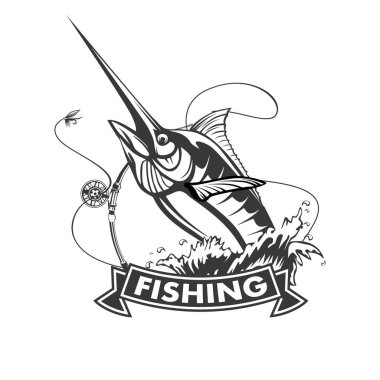 Marlin balığı logosunu görmeniz gerekir. Kılıç balık tutma amblemi spor kulübü için. Kızgın balık Tema resimde arka plan.