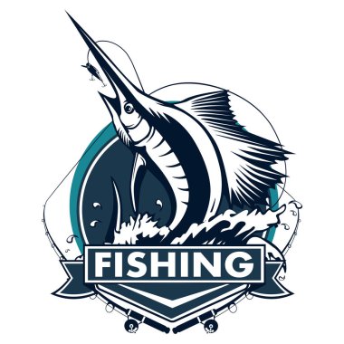 Marlin balığı logosunu görmeniz gerekir. Kılıç balık tutma amblemi spor kulübü için. Kızgın balık Tema resimde arka plan.