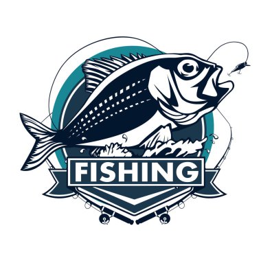 Balık tutma logo üzerinde beyaz illüstrasyon izole kırmızı snapper çubuklar ve okyanus ile dalgalar. 