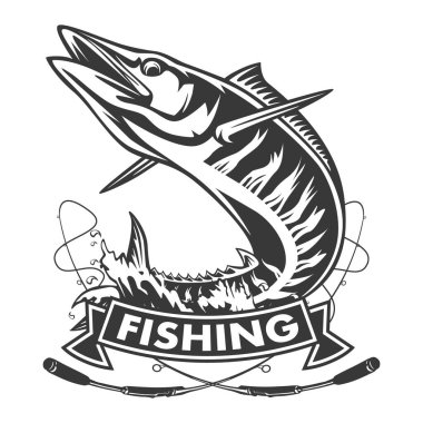 Bir wahoo, Acanthocybium solandri, resmi bir scombrid balık atlama kadar her retro tarzında yapılan izole beyaz arka plan ayarlamak yan bakıldığında.