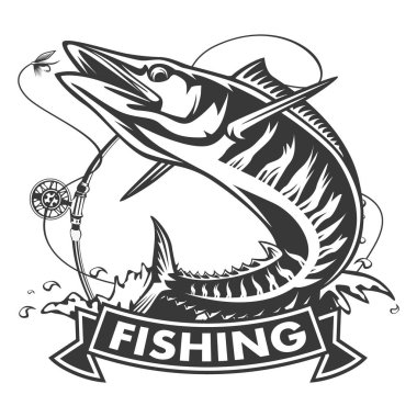 Bir wahoo, Acanthocybium solandri, resmi bir scombrid balık atlama kadar her retro tarzında yapılan izole beyaz arka plan ayarlamak yan bakıldığında.