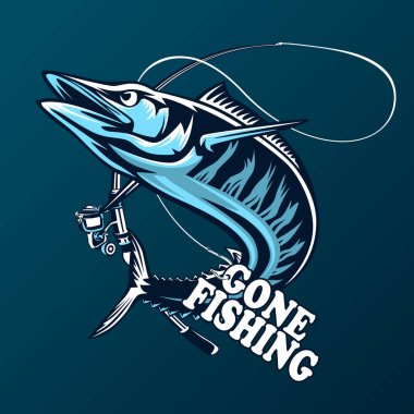 Vektör çizim bir wahoo, Acanthocybium solandri, bir scombrid balık atlama kadar her retro tarzında yapılan izole beyaz arka plan ayarlamak yan bakıldığında.