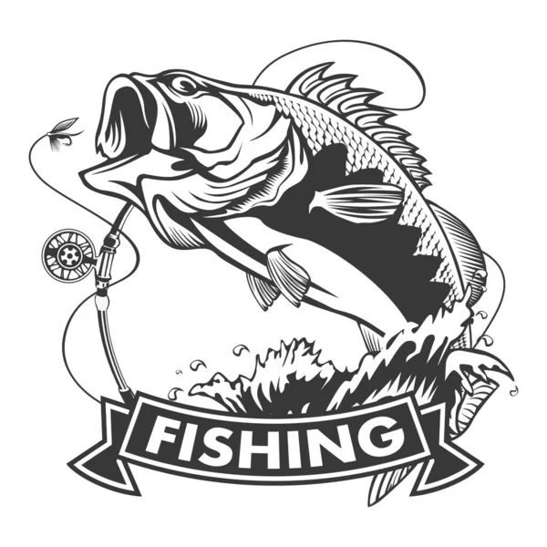 Logo Pesca Pesce Basso Con Stemma Bastone Club Illustrazione Tema — Vettoriale Stock