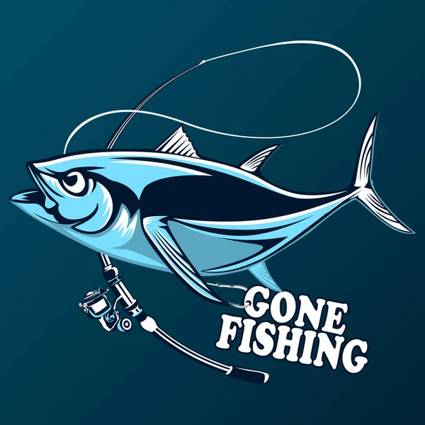 Ton balığı beyaz logo resim üzerinde büyük balıkçı. Balıkçılık kulüpler, baskı, web ve diğer el sanatları için logo ve amblem oluşturmak için vektör çizim kullanılabilir.