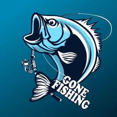 Balık tutma logosunu görmeniz gerekir. Bas çubuk kulübü amblemi ile balık. Balık tutma Tema vektör çizim. Beyaz izole.