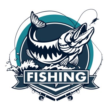 Vektör illüstrasyon izole pike atlama. Vintage balıkçılık amblemi.