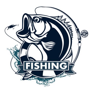 Balık tutma logosunu görmeniz gerekir. Bas çubuk kulübü amblemi ile balık. Balık tutma Tema vektör çizim. Beyaz izole.