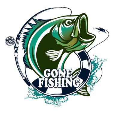 Balık tutma logosunu görmeniz gerekir. Bas çubuk kulübü amblemi ile balık. Balık tutma Tema vektör çizim. Beyaz izole.