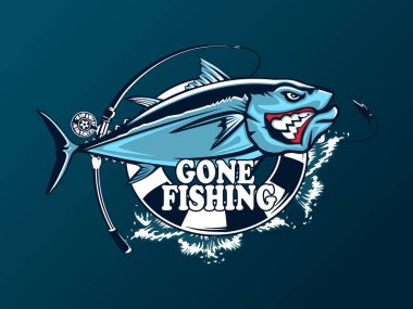 Ton balığı beyaz logo resim üzerinde büyük balıkçı. Balıkçılık kulüpler, baskı, web ve diğer el sanatları için logo ve amblem oluşturmak için vektör çizim kullanılabilir.