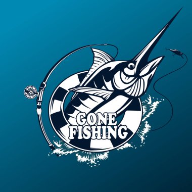 Marlin balığı logosunu görmeniz gerekir. Kılıç balık tutma amblemi spor kulübü için. Kızgın balık tema vektör çizim arka plan.