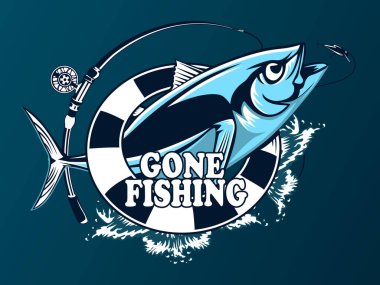 Ton balığı beyaz logo resim üzerinde büyük balıkçı. Balıkçılık kulüpler, baskı, web ve diğer el sanatları için logo ve amblem oluşturmak için vektör çizim kullanılabilir.