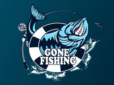 Vektör illüstrasyon izole pike atlama. Vintage balıkçılık amblemi.