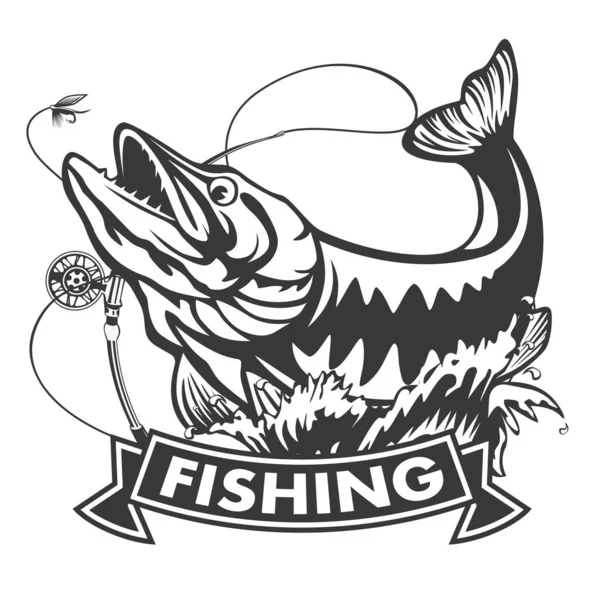 Illustrazione Vettoriale Salto Luccio Isolato Emblema Pesca Vintage — Vettoriale Stock