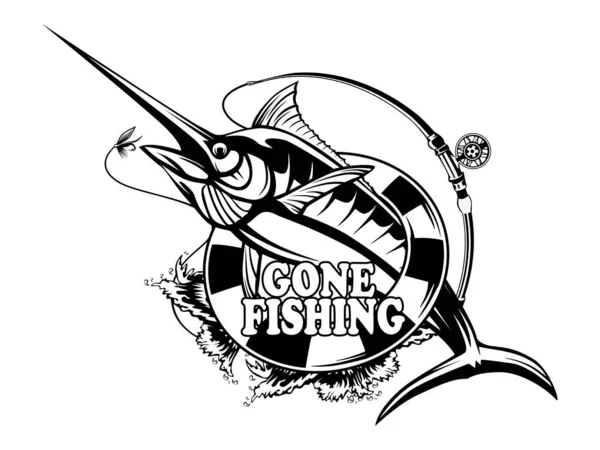 Marlin balığı logosunu görmeniz gerekir. Kılıç balık tutma amblemi spor kulübü için. Kızgın balık tema vektör çizim arka plan.