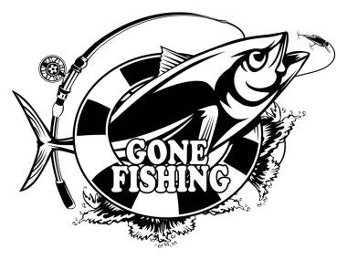 Ton balığı beyaz logo resim üzerinde büyük balıkçı. Balıkçılık kulüpler, baskı, web ve diğer el sanatları için logo ve amblem oluşturmak için vektör çizim kullanılabilir.