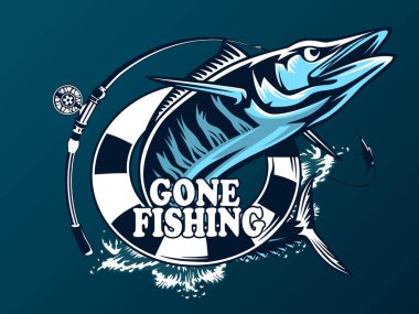 Vektör çizim bir wahoo, Acanthocybium solandri, bir scombrid balık atlama kadar her retro tarzında yapılan izole beyaz arka plan ayarlamak yan bakıldığında.