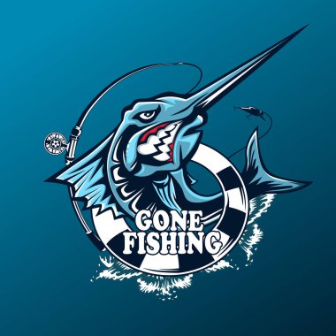 Marlin balığı logosunu görmeniz gerekir. Kılıç balık tutma amblemi spor kulübü için. Kızgın balık tema vektör çizim arka plan.