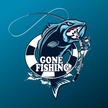 Balık tutma logosunu görmeniz gerekir. Bas çubuk kulübü amblemi ile balık. Balık tutma Tema vektör çizim. Beyaz izole.