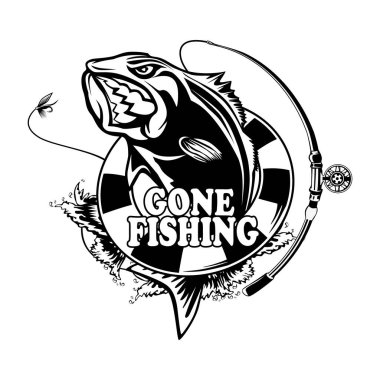 Balık tutma logosunu görmeniz gerekir. Bas çubuk kulübü amblemi ile balık. Balık tutma Tema vektör çizim. Beyaz izole.