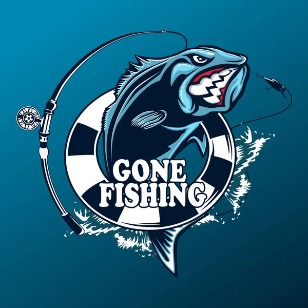 Fiske Logotypen Bass Fiska Med Spö Club Emblem Fiske Tema — Stock vektor