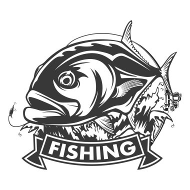 Fishing emblem of  permit isolated on white. Bone fish logo in blue colours. Ocean theme background.