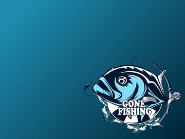 Fishing emblem of  permit isolated on white. Bone fish logo in blue colours. Ocean theme background.