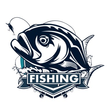 Fishing emblem of  permit isolated on white. Bone fish logo in blue colours. Ocean theme background.