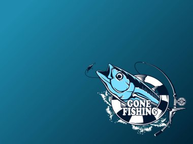 Ton balığı beyaz logo resim üzerinde büyük balıkçı. Balıkçılık kulüpler, baskı, web ve diğer el sanatları için logo ve amblem oluşturmak için vektör çizim kullanılabilir.