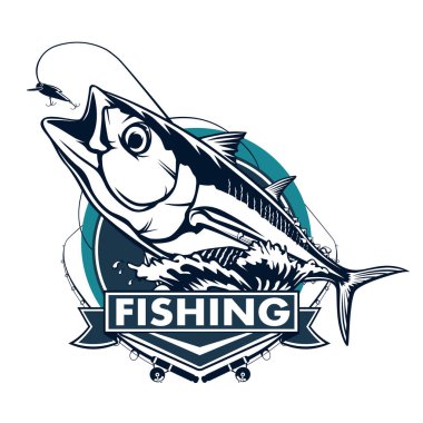 Ton balığı beyaz logo resim üzerinde büyük balıkçı. Balıkçılık kulüpler, baskı, web ve diğer el sanatları için logo ve amblem oluşturmak için vektör çizim kullanılabilir.