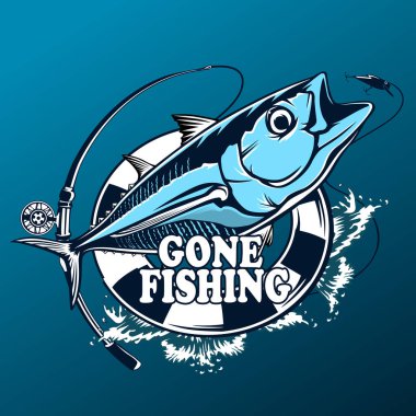 Ton balığı beyaz logo resim üzerinde büyük balıkçı. Balıkçılık kulüpler, baskı, web ve diğer el sanatları için logo ve amblem oluşturmak için vektör çizim kullanılabilir.