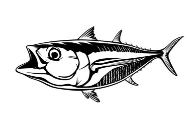 Ton balığı beyaz logo resim üzerinde büyük balıkçı. Balıkçılık kulüpler, baskı, web ve diğer el sanatları için logo ve amblem oluşturmak için vektör çizim kullanılabilir.