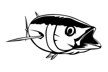 Ton balığı beyaz logo resim üzerinde büyük balıkçı. Balıkçılık kulüpler, baskı, web ve diğer el sanatları için logo ve amblem oluşturmak için vektör çizim kullanılabilir.