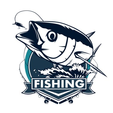 Ton balığı beyaz logo resim üzerinde büyük balıkçı. Balıkçılık kulüpler, baskı, web ve diğer el sanatları için logo ve amblem oluşturmak için vektör çizim kullanılabilir.