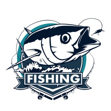 Ton balığı beyaz logo resim üzerinde büyük balıkçı. Balıkçılık kulüpler, baskı, web ve diğer el sanatları için logo ve amblem oluşturmak için vektör çizim kullanılabilir.