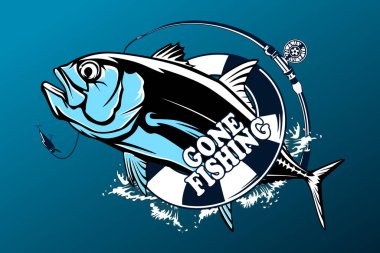 Fishing emblem of  permit isolated on white. Bone fish logo in blue colours. Ocean theme background.