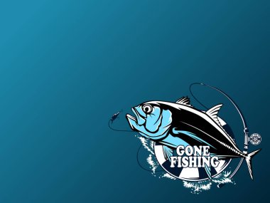 Fishing emblem of  permit isolated on white. Bone fish logo in blue colours. Ocean theme background.