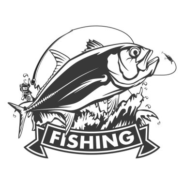Fishing emblem of  permit isolated on white. Bone fish logo in blue colours. Ocean theme background.