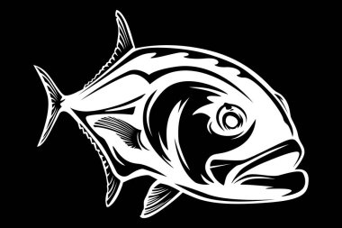 Fishing emblem of  permit isolated on white. Bone fish logo in blue colours. Ocean theme background.
