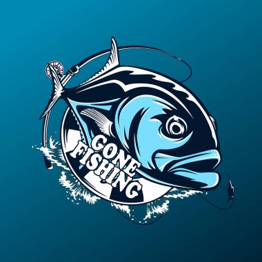 Fishing emblem of  permit isolated on white. Bone fish logo in blue colours. Ocean theme background.