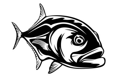 Fishing emblem of  permit isolated on white. Bone fish logo in blue colours. Ocean theme background.