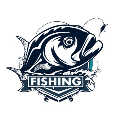 Fishing emblem of  permit isolated on white. Bone fish logo in blue colours. Ocean theme background.