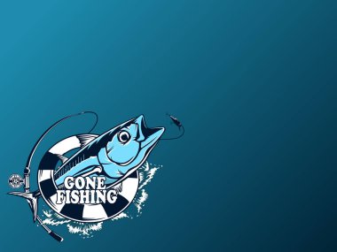 Ton balığı beyaz logo resim üzerinde büyük balıkçı. Balıkçılık kulüpler, baskı, web ve diğer el sanatları için logo ve amblem oluşturmak için vektör çizim kullanılabilir.