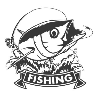 Ton balığı beyaz logo resim üzerinde büyük balıkçı. Balıkçılık kulüpler, baskı, web ve diğer el sanatları için logo ve amblem oluşturmak için vektör çizim kullanılabilir.