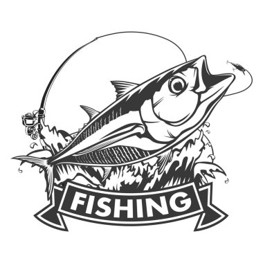 Ton balığı beyaz logo resim üzerinde büyük balıkçı. Balıkçılık kulüpler, baskı, web ve diğer el sanatları için logo ve amblem oluşturmak için vektör çizim kullanılabilir.